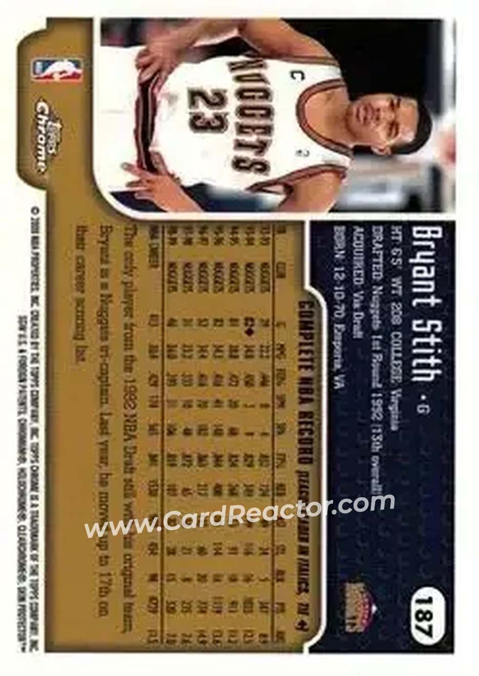 1999-00 Topps Chrome #187 - Bryant Stith - Denver Nuggets - Back