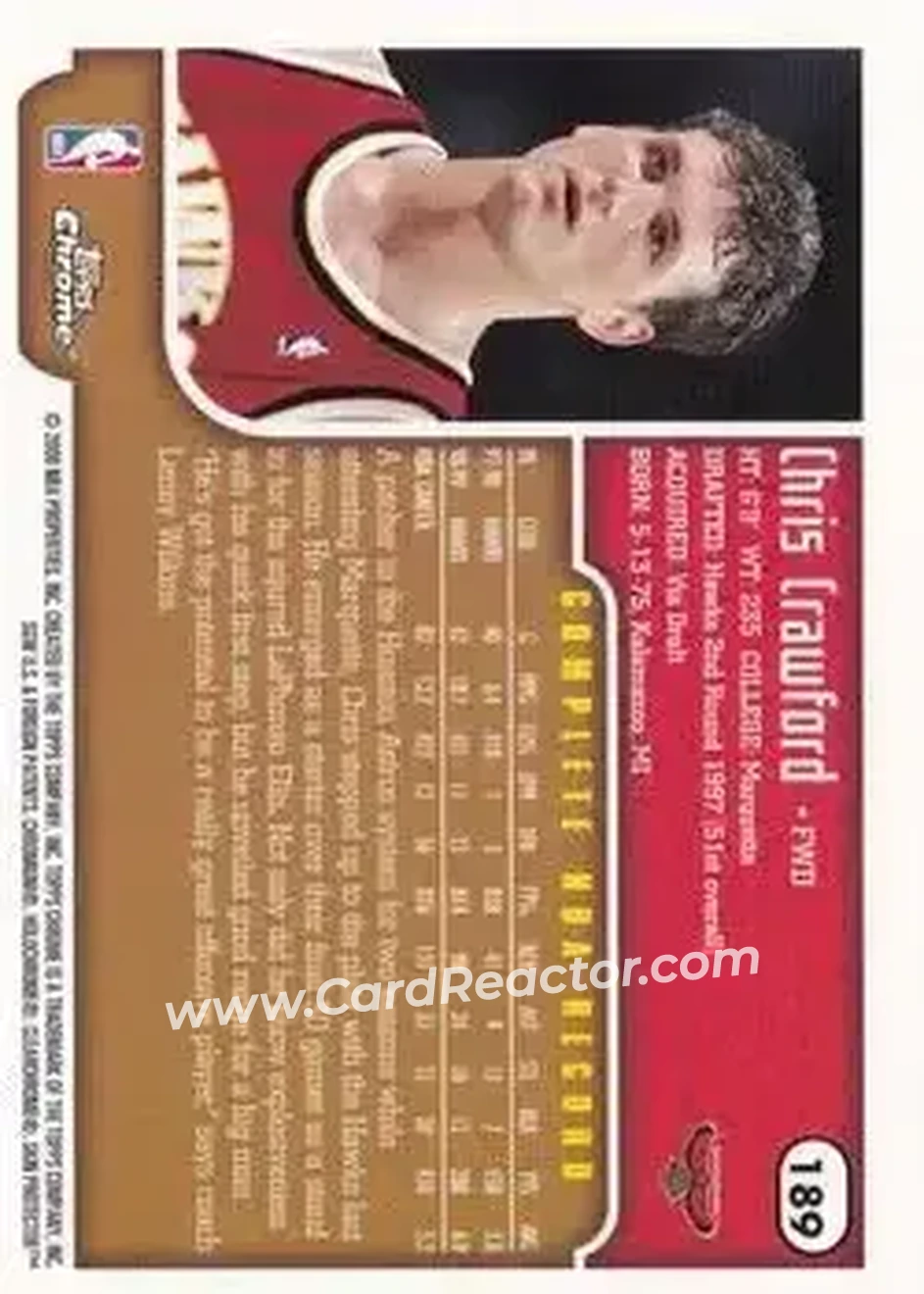 1999-00 Topps Chrome #189 - Chris Crawford - Atlanta Hawks - Back
