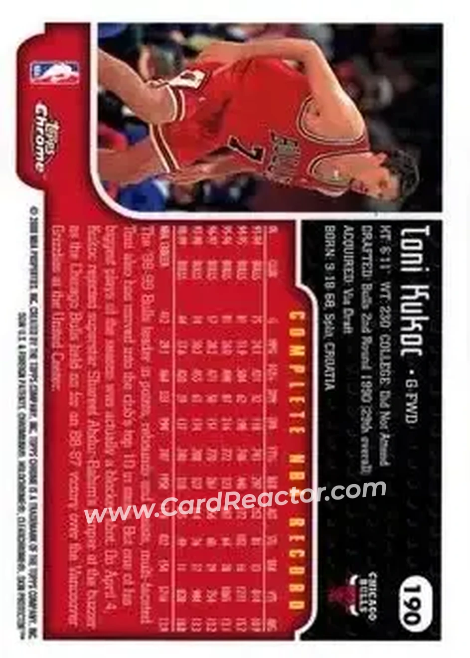 1999-00 Topps Chrome #190 - Toni Kukoc - Chicago Bulls - Back 1999-00 Topps Chrome #190 - Toni Kukoc - Chicago Bulls - Back