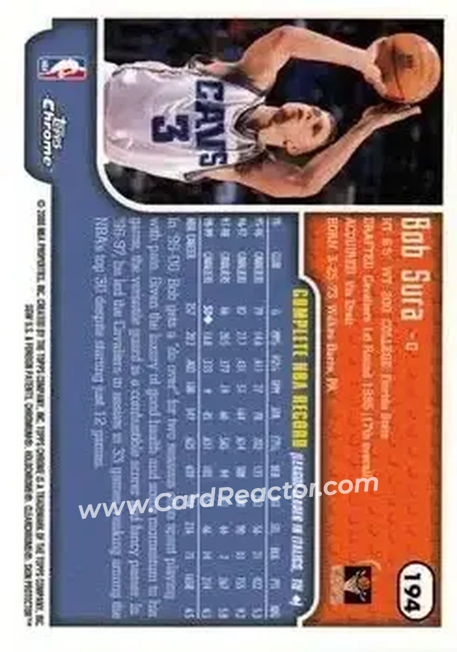 1999-00 Topps Chrome #194 - Bob Sura - Cleveland Cavaliers - Back