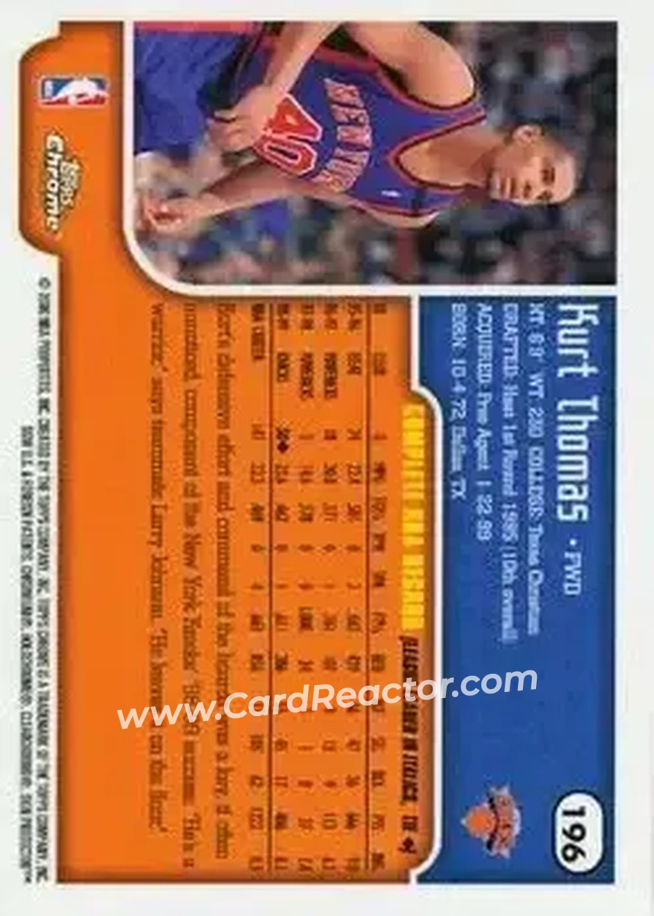 1999-00 Topps Chrome #196 - Kurt Thomas - New York Knicks - Back 1999-00 Topps Chrome #196 - Kurt Thomas - New York Knicks - Back