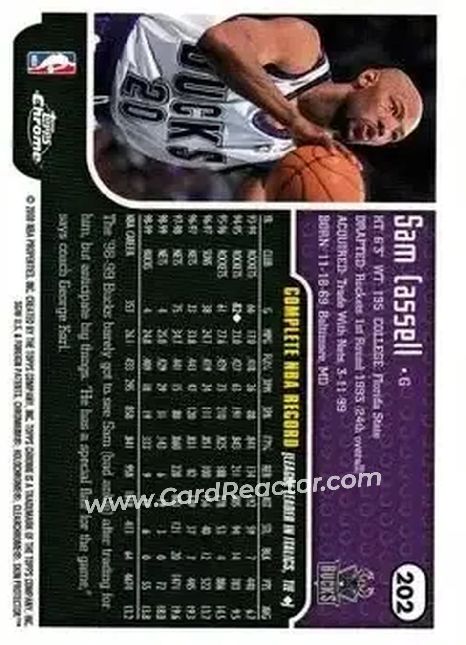 1999-00 Topps Chrome #202 - Sam Cassell - Milwaukee Bucks - Back