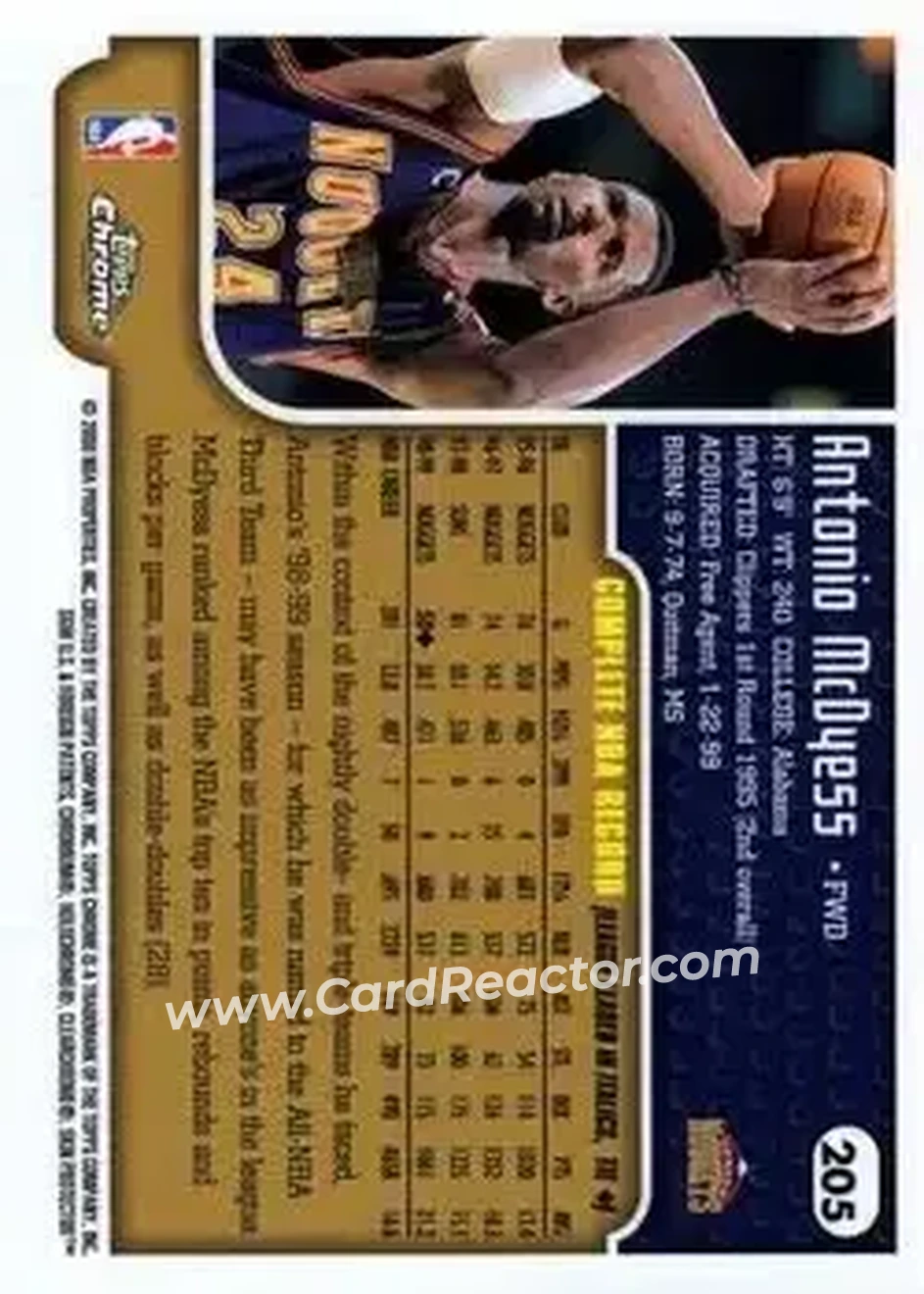 1999-00 Topps Chrome #205 - Antonio McDyess - Denver Nuggets - Back