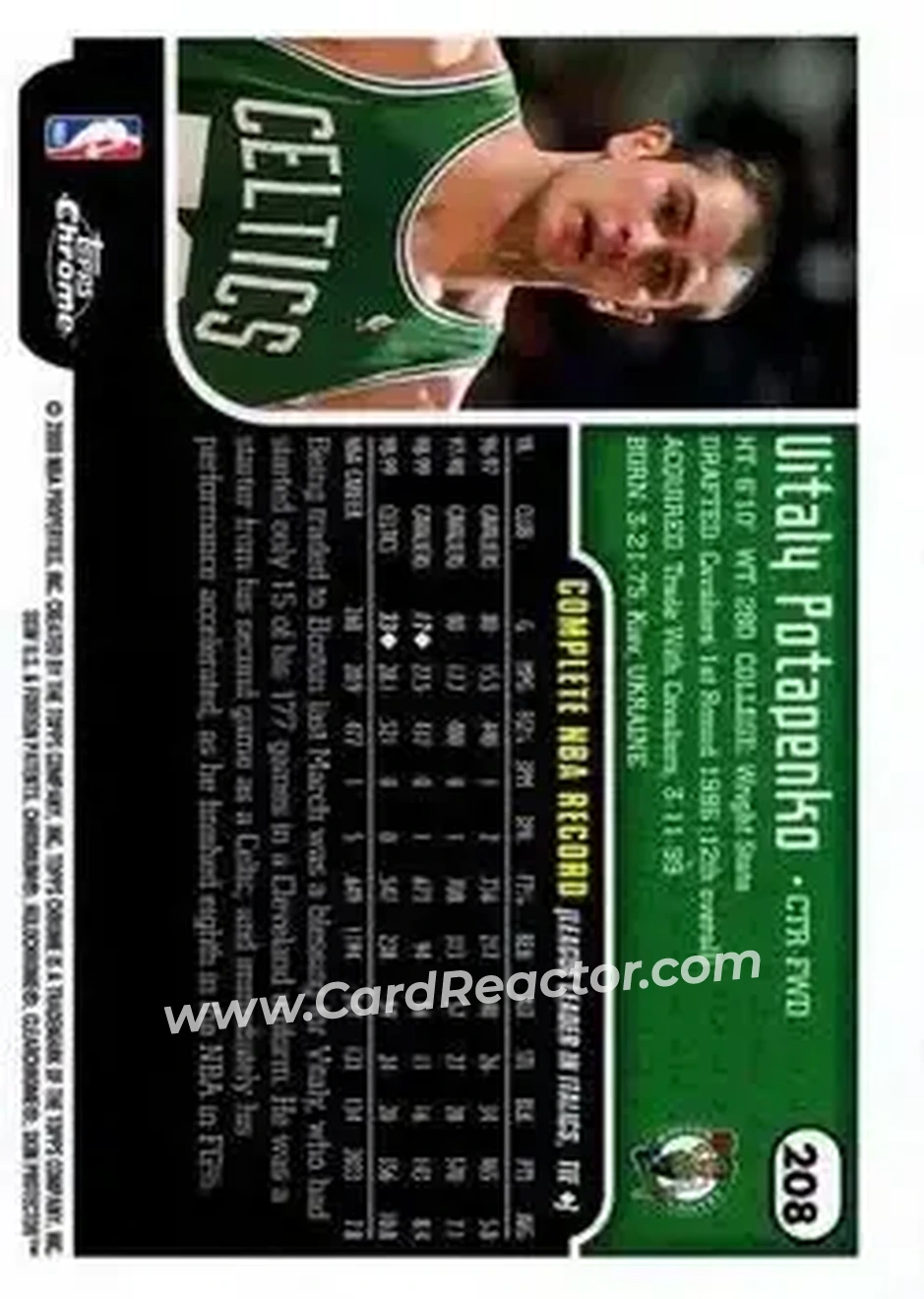1999-00 Topps Chrome #208 - Vitaly Potapenko - Boston Celtics - Back