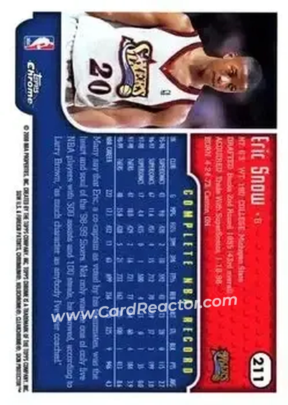 1999-00 Topps Chrome #211 - Eric Snow - Philadelphia 76ers - Back