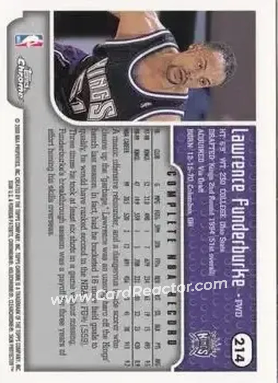 1999-00 Topps Chrome #214 - Lawrence Funderburke - Sacramento Kings - Back