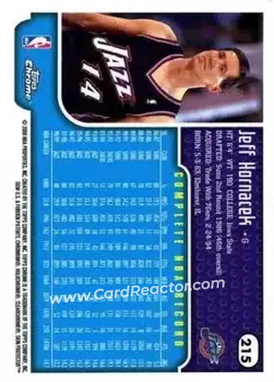 1999-00 Topps Chrome #215 - Jeff Hornacek - Utah Jazz - Back 1999-00 Topps Chrome #215 - Jeff Hornacek - Utah Jazz - Back
