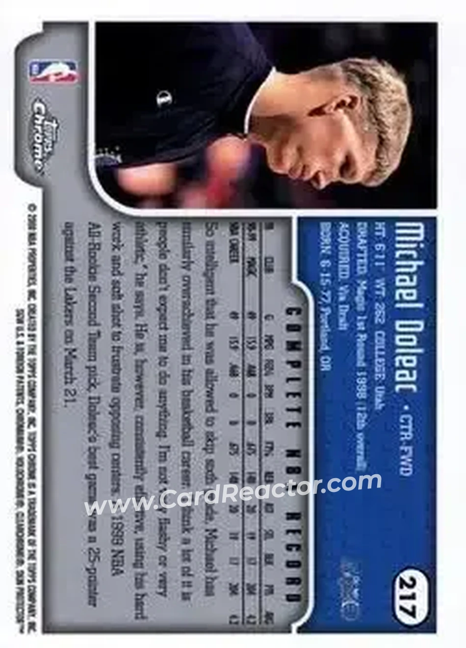 1999-00 Topps Chrome #217 - Michael Doleac - Dallas Mavericks - Back 1999-00 Topps Chrome #217 - Michael Doleac - Dallas Mavericks - Back