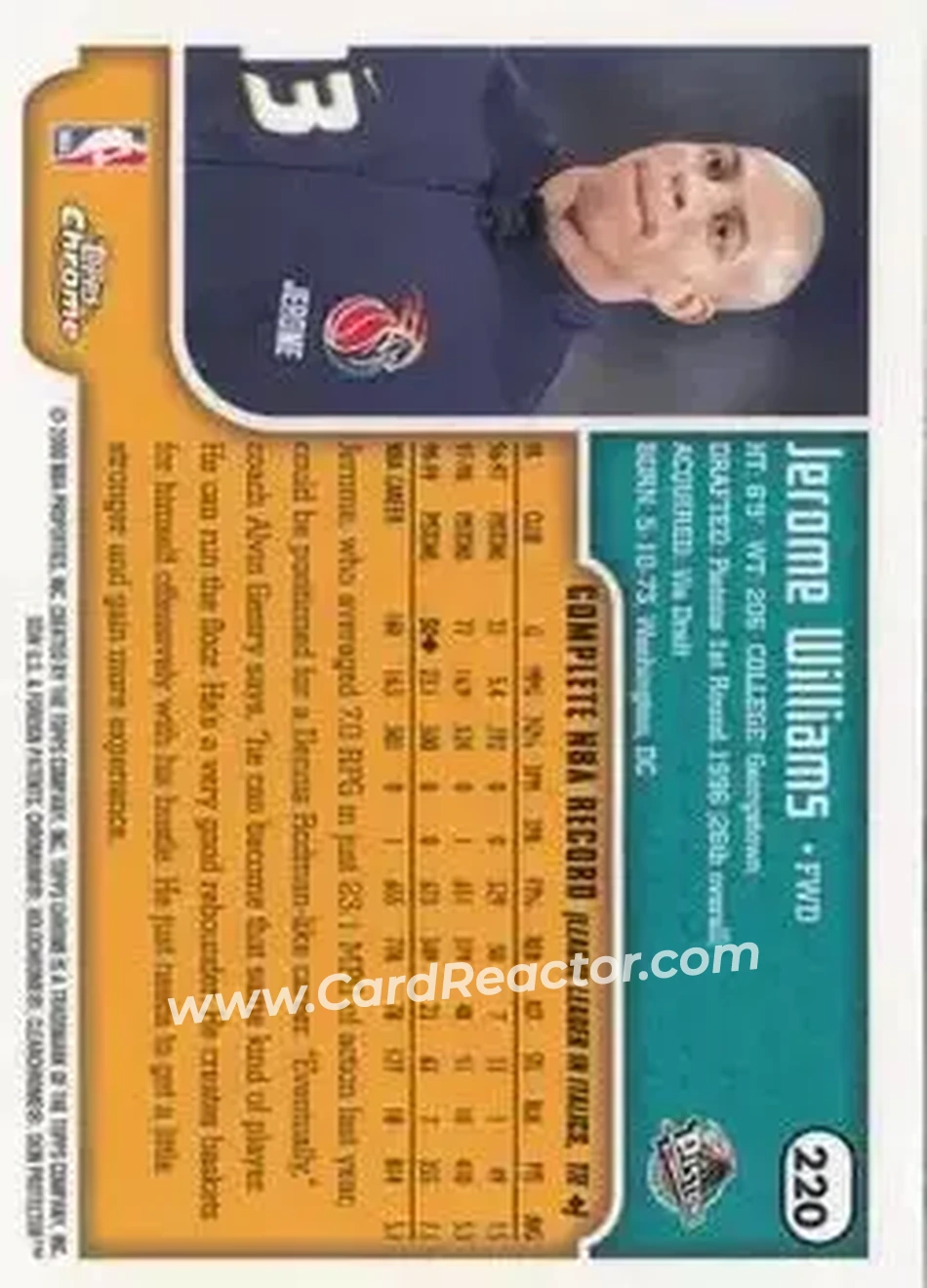 1999-00 Topps Chrome #220 - Jerome Williams - Detroit Pistons - Back