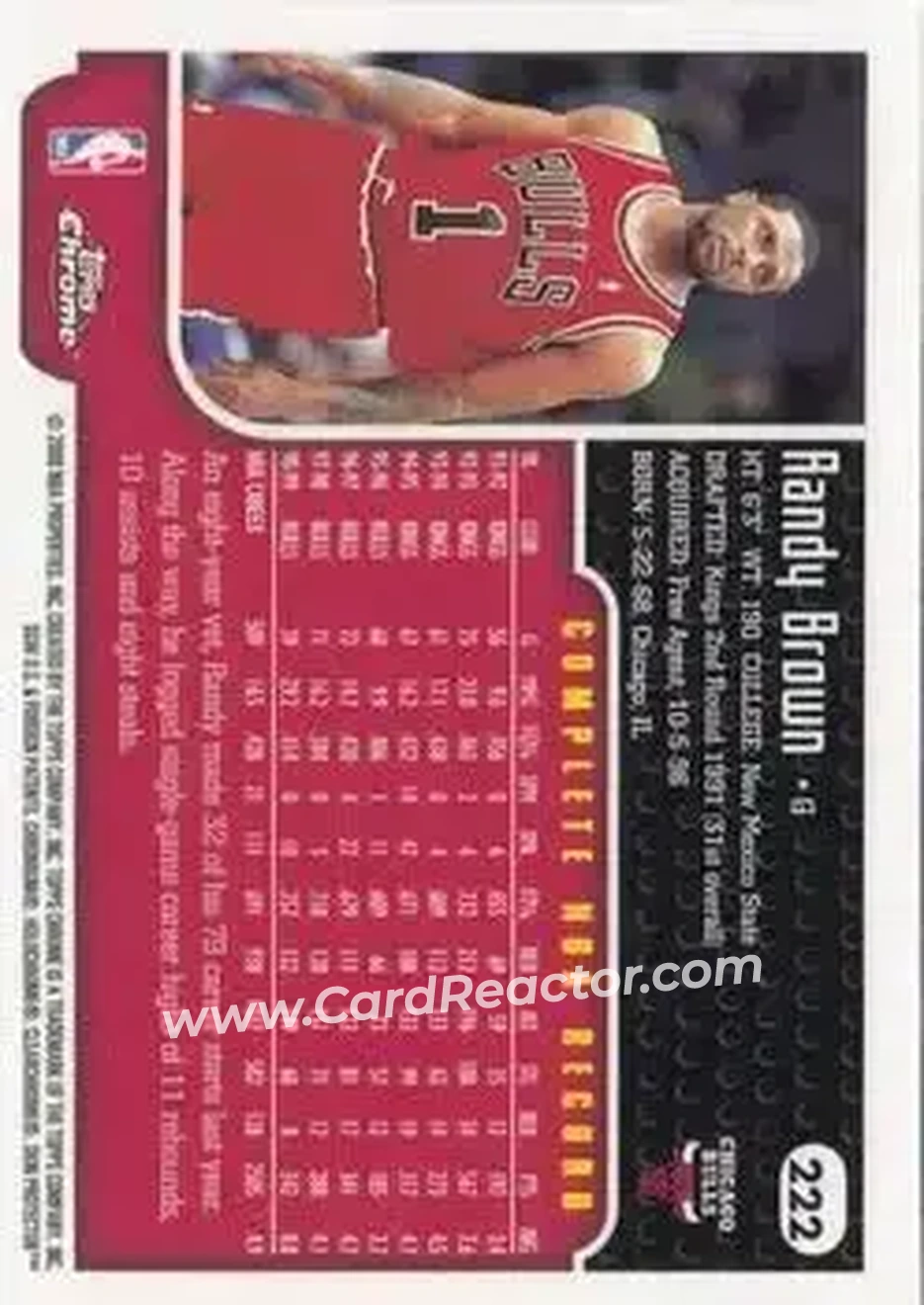 1999-00 Topps Chrome #222 - Randy Brown - Chicago Bulls - Back