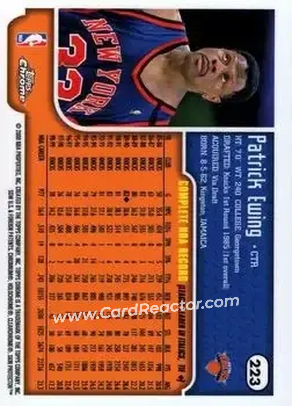 1999-00 Topps Chrome #223 - Patrick Ewing - New York Knicks - Back