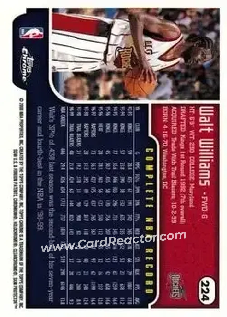 1999-00 Topps Chrome #224 - Walt Williams - Houston Rockets - Back