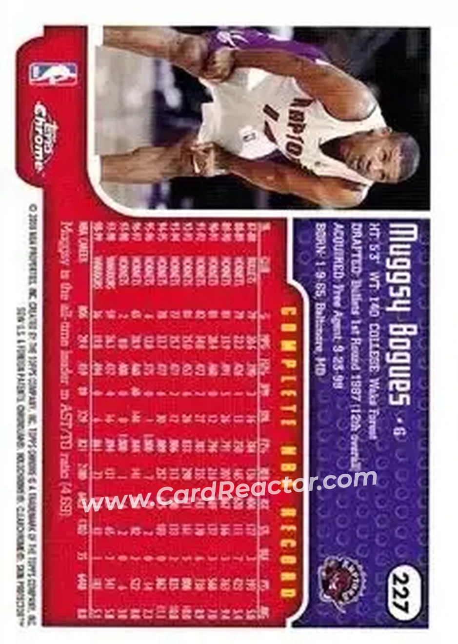 1999-00 Topps Chrome #227 - Muggsy Bogues - Toronto Raptors - Back 1999-00 Topps Chrome #227 - Muggsy Bogues - Toronto Raptors - Back