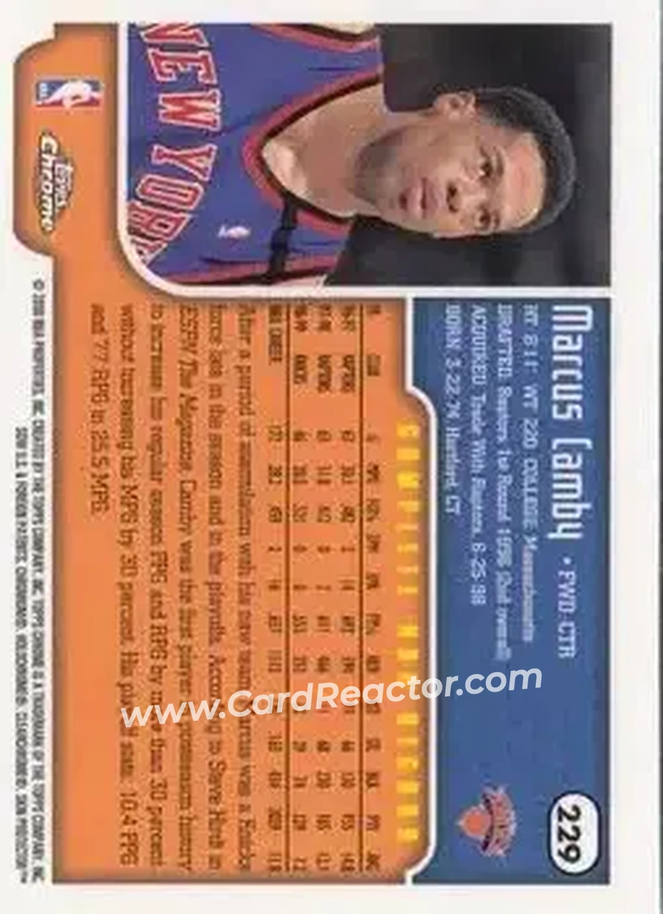 1999-00 Topps Chrome #229 - Marcus Camby - New York Knicks - Back