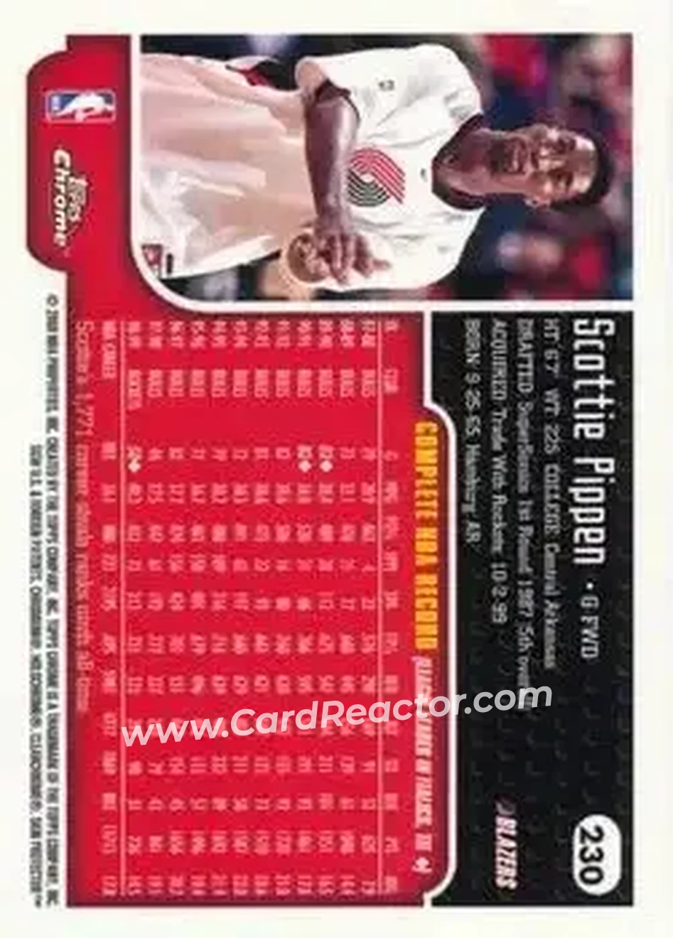 1999-00 Topps Chrome #230 - Scottie Pippen - Portland Trail Blazers - Back 1999-00 Topps Chrome #230 - Scottie Pippen - Portland Trail Blazers - Back