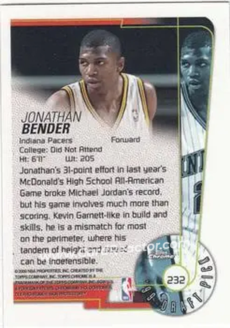 1999-00 Topps Chrome #232 - Jonathan Bender - Indiana Pacers - Back