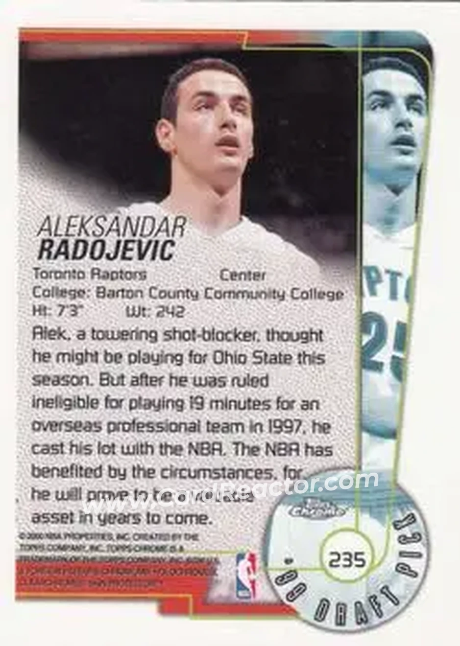 1999-00 Topps Chrome #235 - Aleksandar Radojević - Toronto Raptors - Back 1999-00 Topps Chrome #235 - Aleksandar Radojević - Toronto Raptors - Back