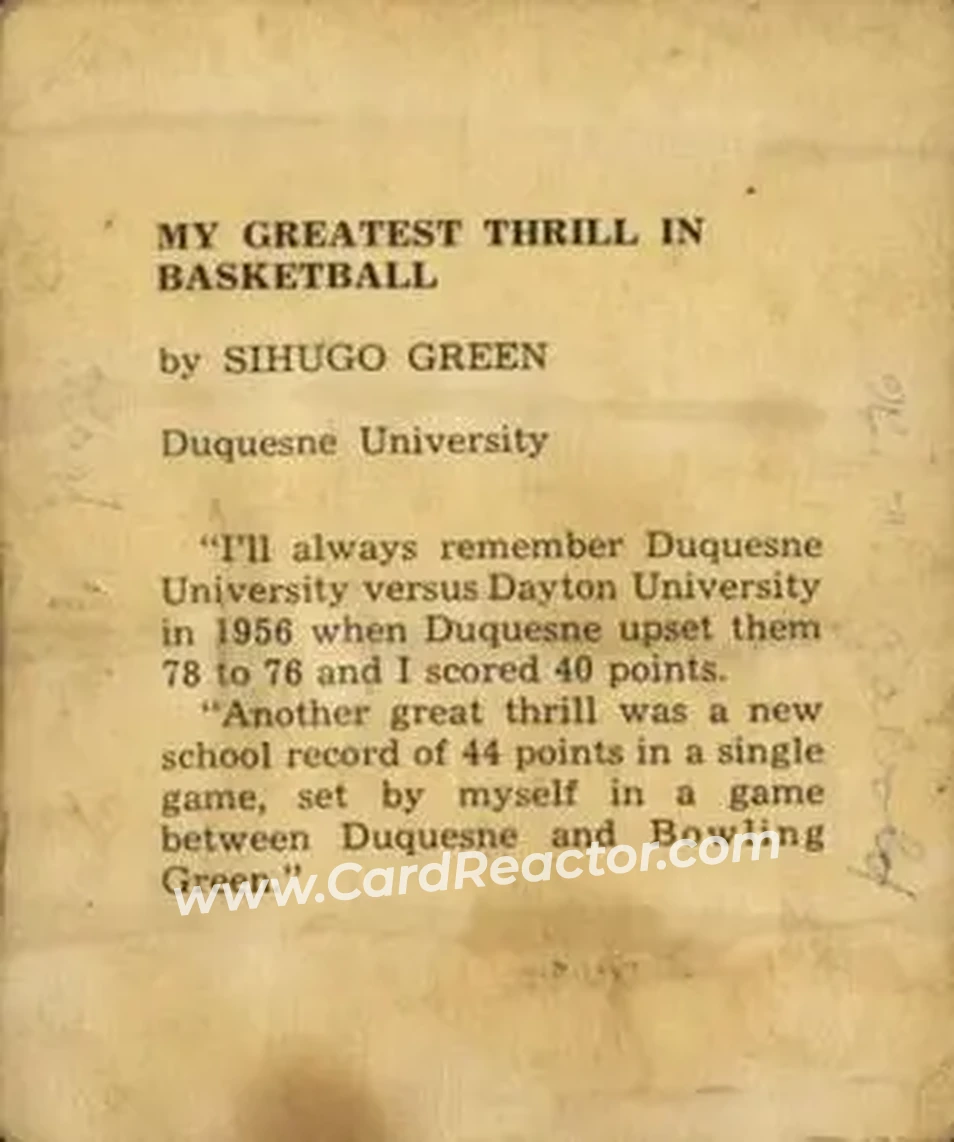 1958-59 Kahn's Cincinnati Royals #NNO - Sihugo Green - Cincinnati Royals - Back
