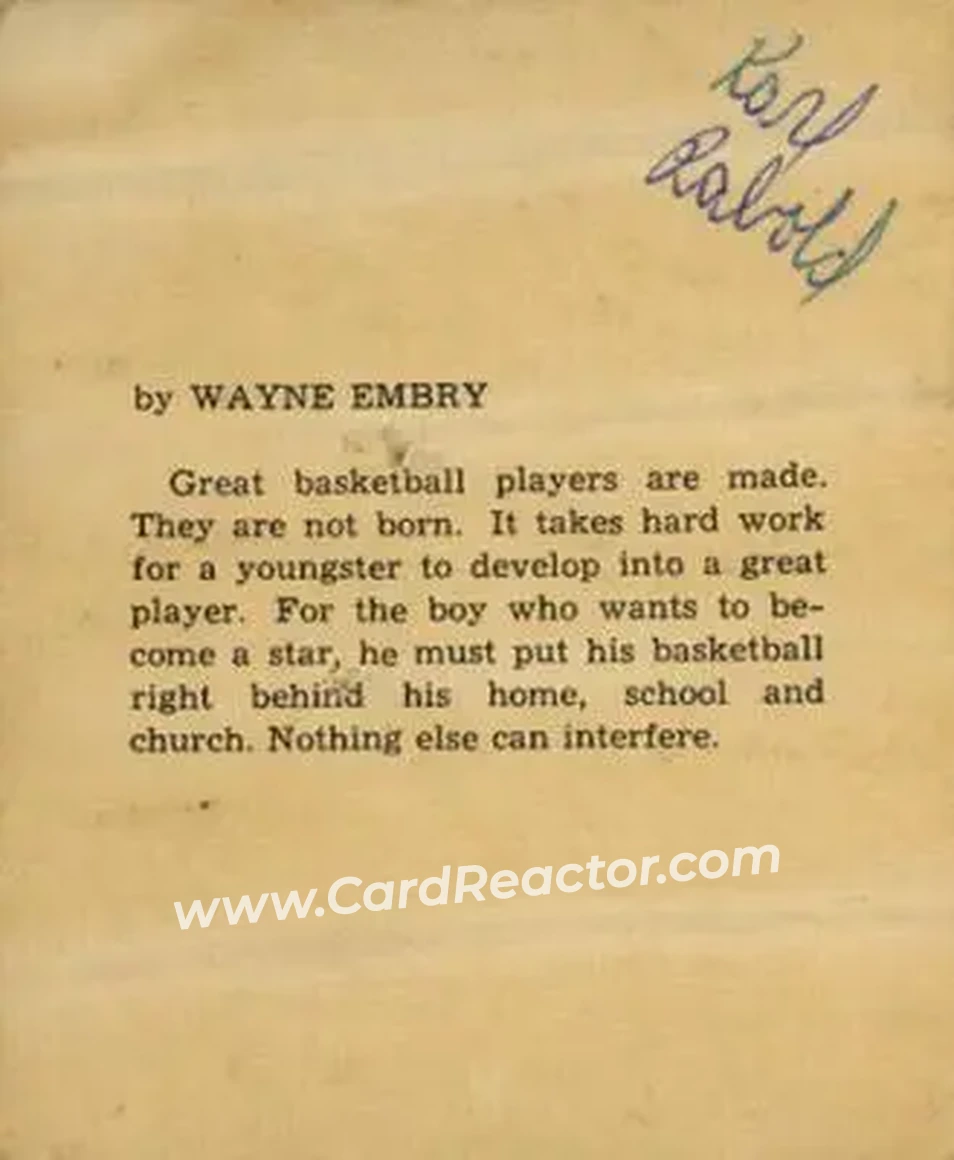 1959-60 Kahn's #NNO - Wayne Embry - Cincinnati Royals - Back