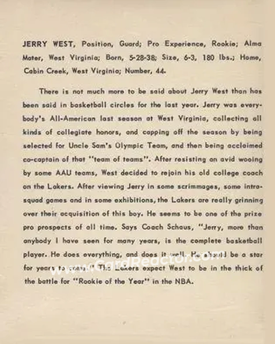 1960-61 Kahn's #NNO - Jerry West - Los Angeles Lakers - Back 1960-61 Kahn's #NNO - Jerry West - Los Angeles Lakers - Back