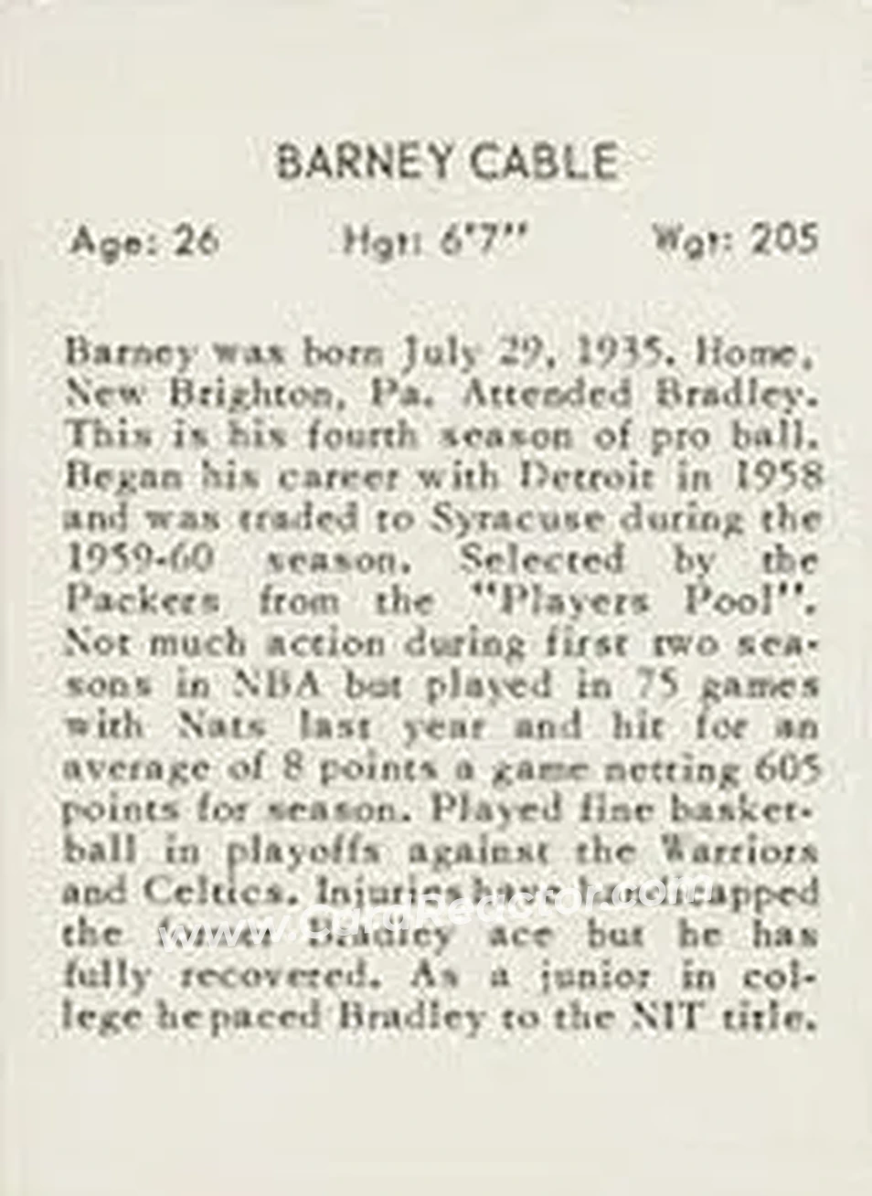 1961 Essex Meats St. Louis Hawks #NNO - Barney Cable - St. Louis Hawks - Back 1961 Essex Meats St. Louis Hawks #NNO - Barney Cable - St. Louis Hawks - Back