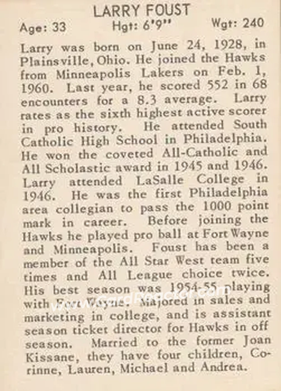 1961 Essex Meats St. Louis Hawks #NNO - Larry Foust - St. Louis Hawks - Back