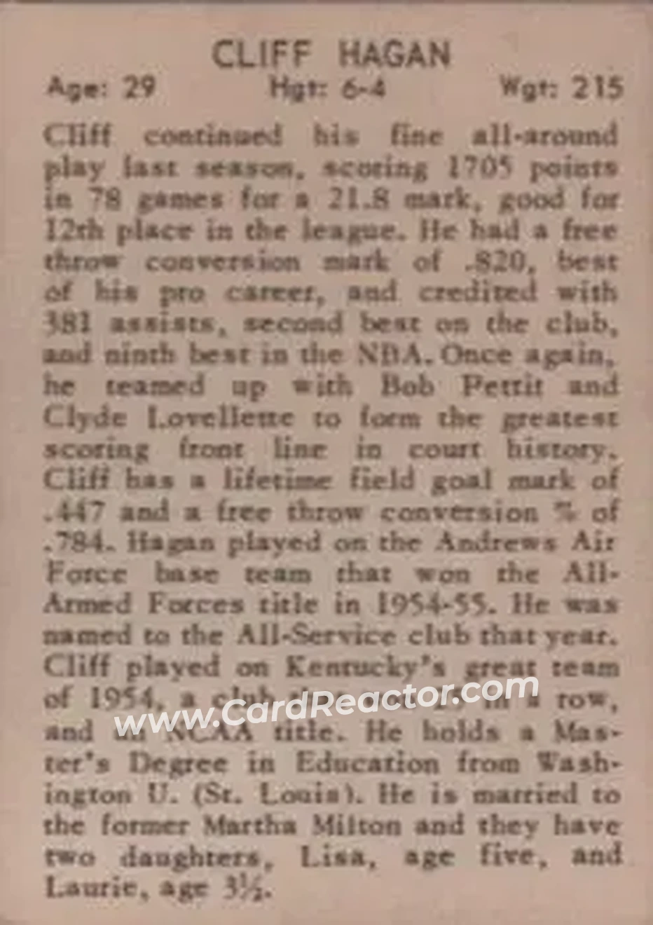 1961 Essex Meats St. Louis Hawks #NNO - Cliff Hagan - St. Louis Hawks - Back 1961 Essex Meats St. Louis Hawks #NNO - Cliff Hagan - St. Louis Hawks - Back