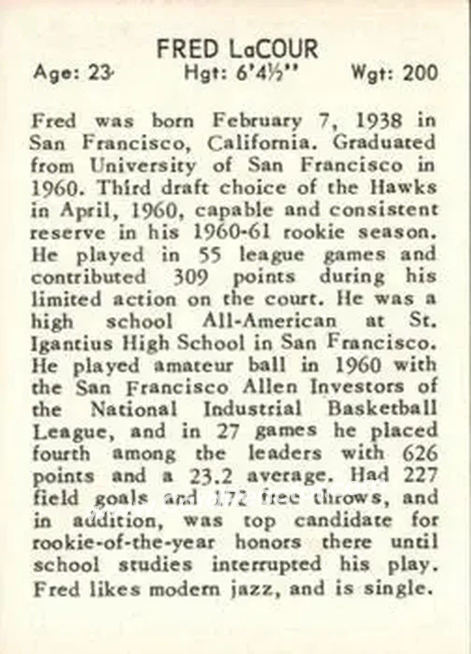 1961 Essex Meats St. Louis Hawks #NNO - Fred LaCour - St. Louis Hawks - Back
