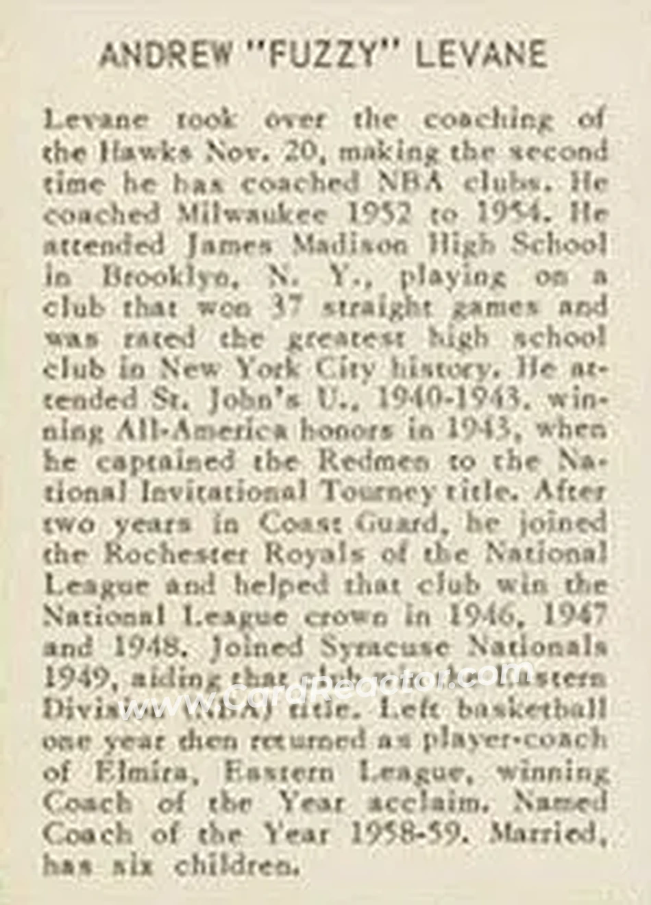 1961 Essex Meats St. Louis Hawks #NNO - Fuzzy Levane - St. Louis Hawks - Back 1961 Essex Meats St. Louis Hawks #NNO - Fuzzy Levane - St. Louis Hawks - Back