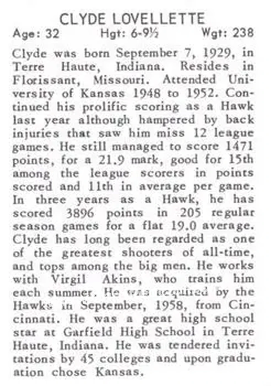 1961 Essex Meats St. Louis Hawks #NNO - Clyde Lovellette - St. Louis Hawks - Back