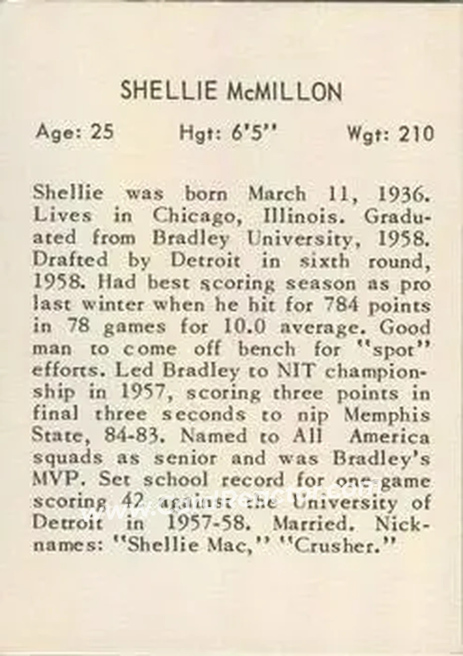 1961 Essex Meats St. Louis Hawks #NNO - Shellie McMillon - St. Louis Hawks - Back