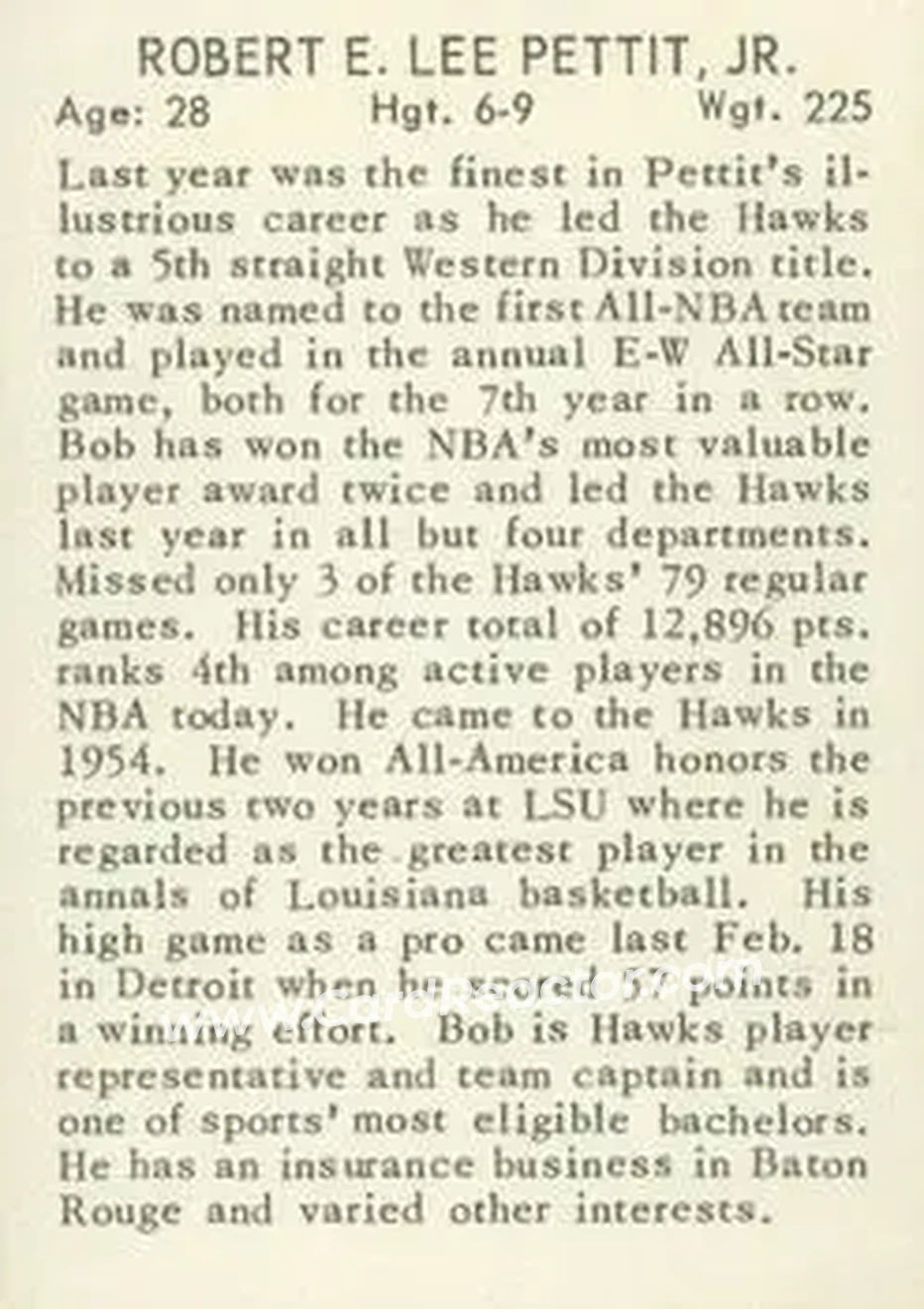 1961 Essex Meats St. Louis Hawks #NNO - Bob Pettit - St. Louis Hawks - Back