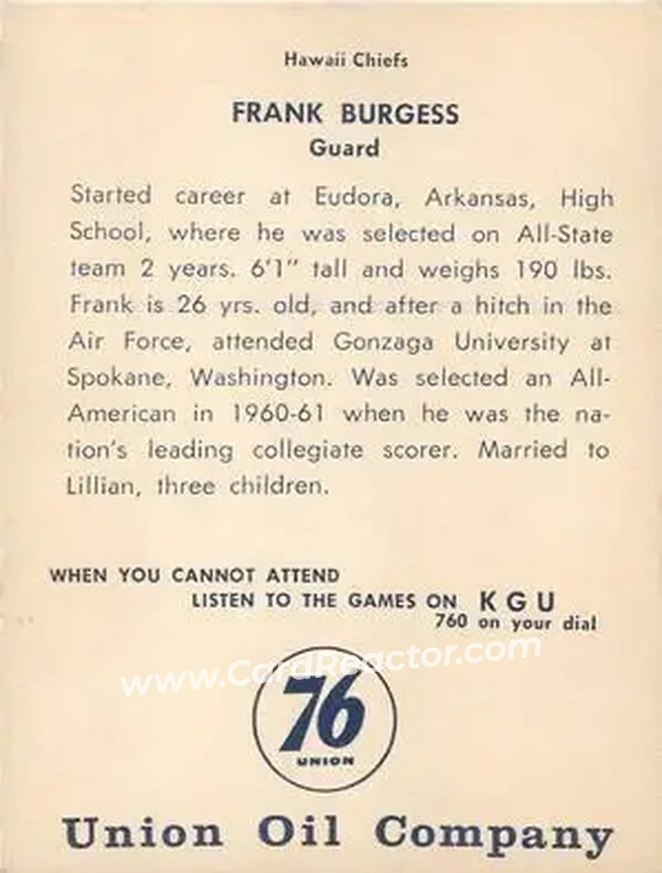 1961 Union Oil Hawaii Chiefs #NNO - Frank Burgess - Back 1961 Union Oil Hawaii Chiefs #NNO - Frank Burgess - Back