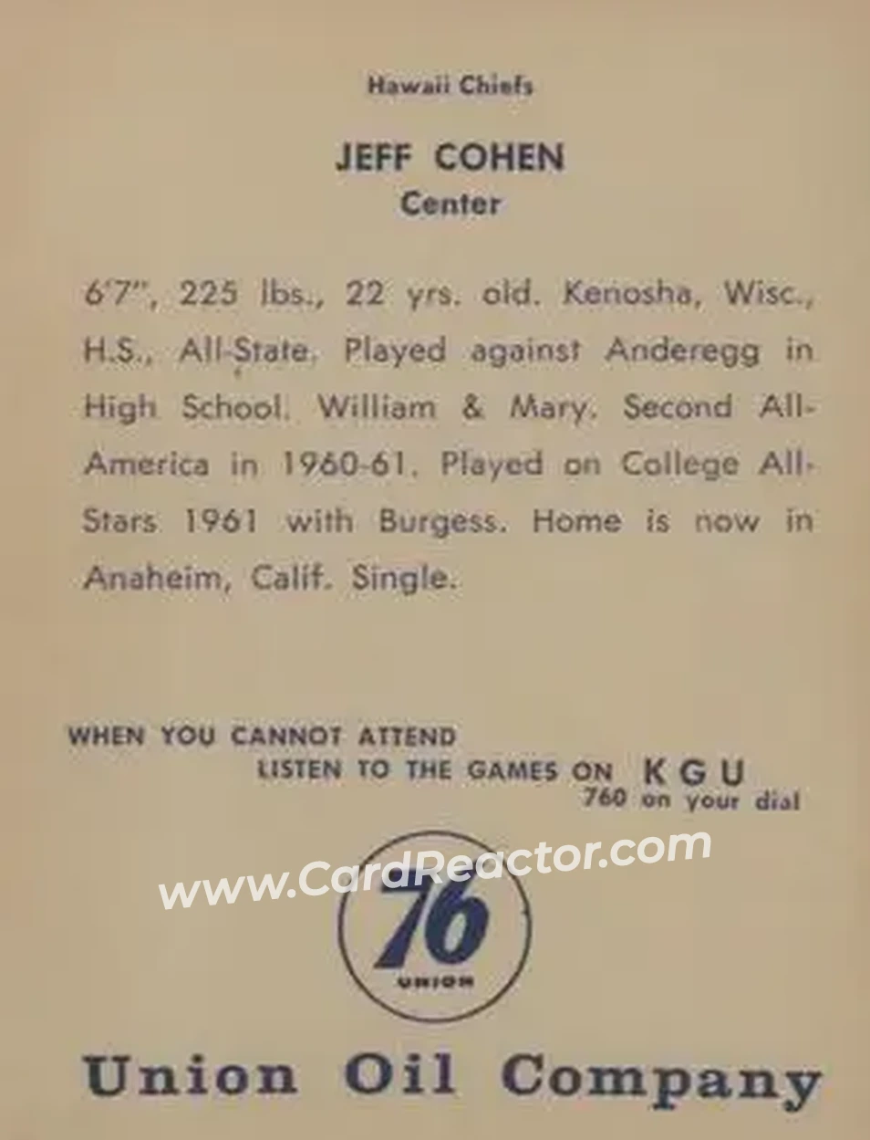 1961 Union Oil Hawaii Chiefs #NNO - Jeff Cohen - Back