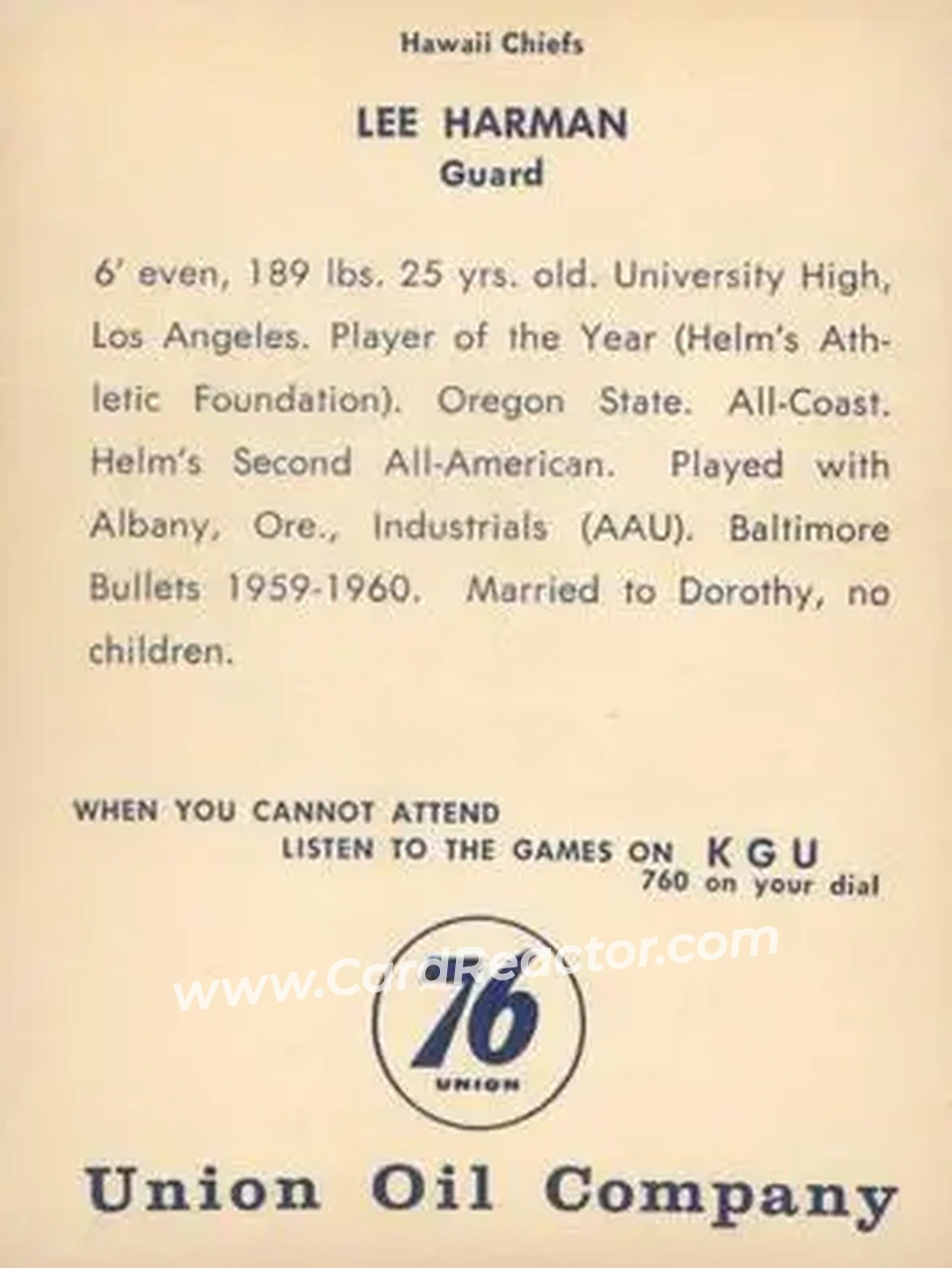 1961 Union Oil Hawaii Chiefs #NNO - Lee Harman - Back