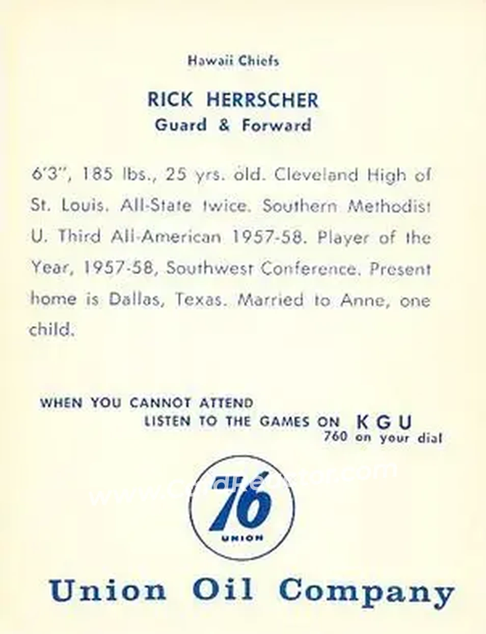 1961 Union Oil Hawaii Chiefs #NNO - Rick Herrscher - Back