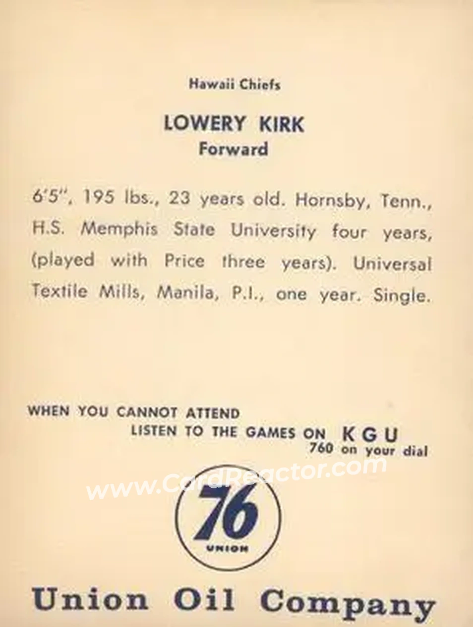 1961 Union Oil Hawaii Chiefs #NNO - Lowery Kirk - Back