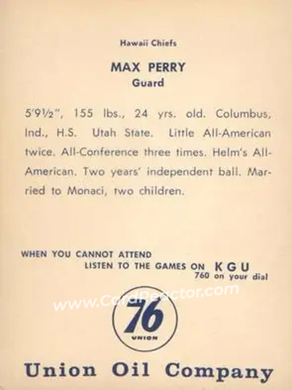 1961 Union Oil Hawaii Chiefs #NNO - Max Perry - Back