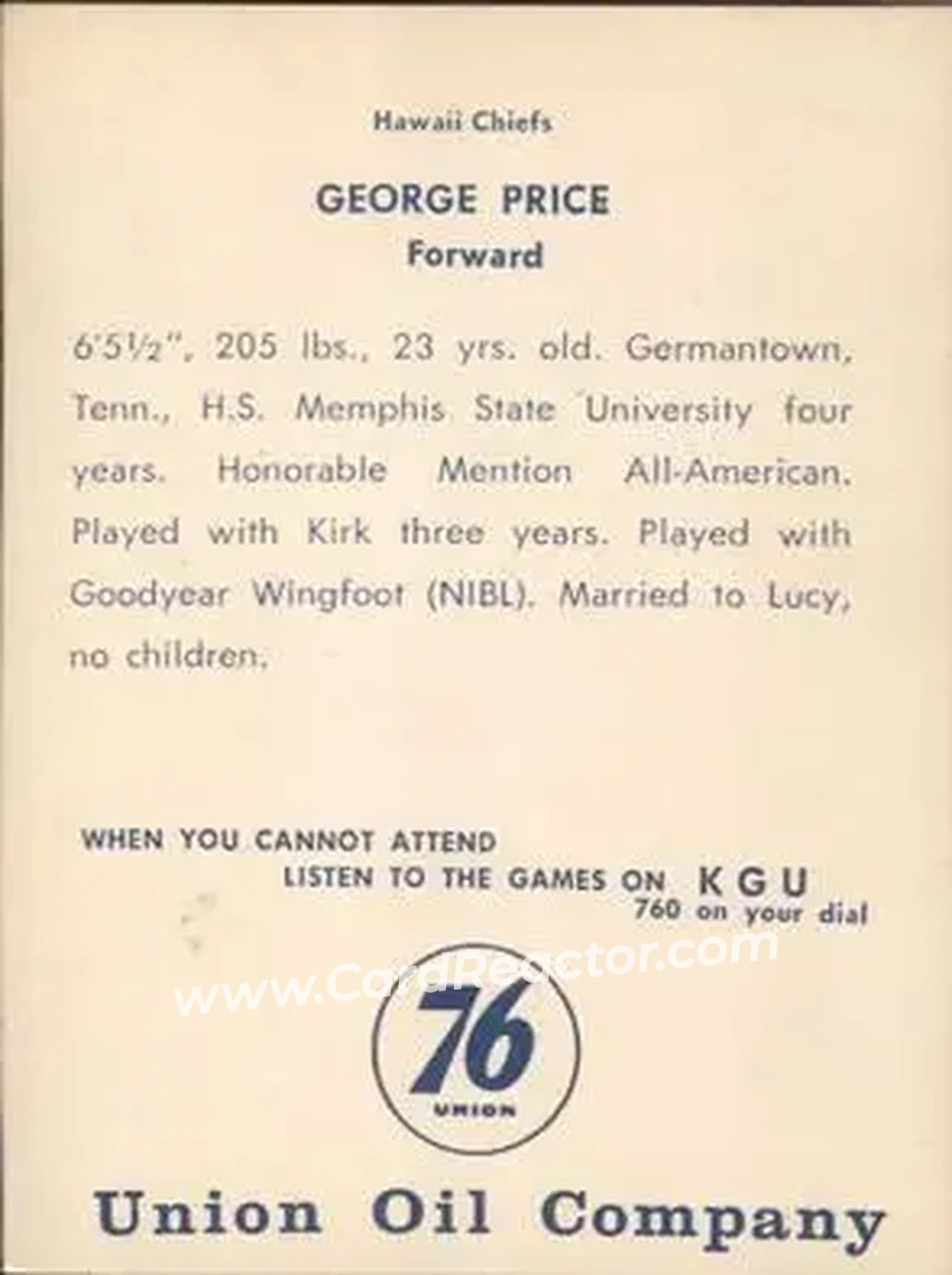 1961 Union Oil Hawaii Chiefs #NNO - George Price - Back 1961 Union Oil Hawaii Chiefs #NNO - George Price - Back