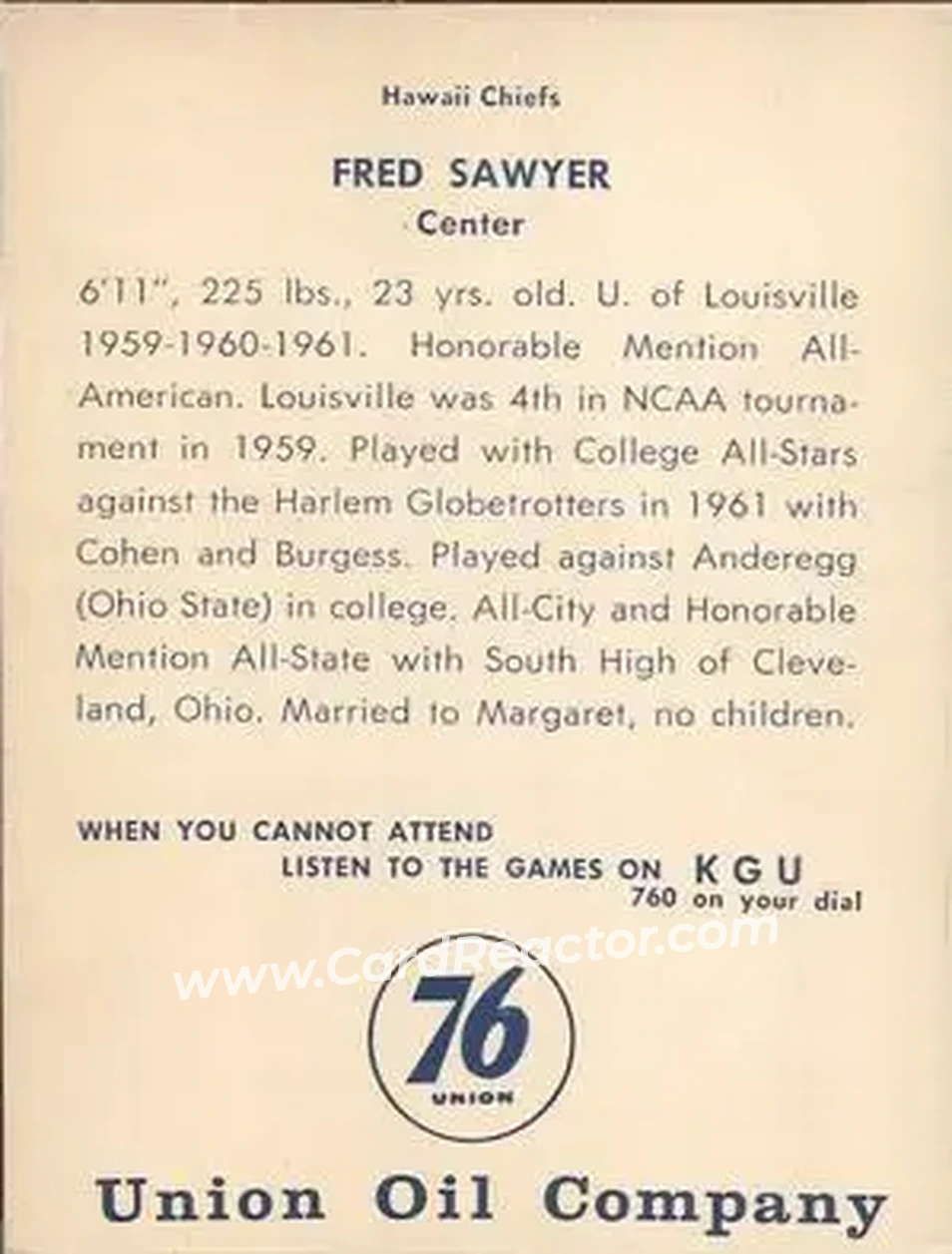 1961 Union Oil Hawaii Chiefs #NNO - Fred Sawyer - Back