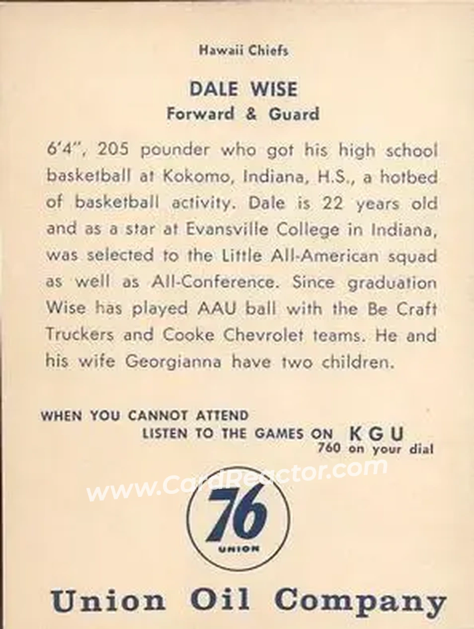 1961 Union Oil Hawaii Chiefs #NNO - Dale Wise - Back