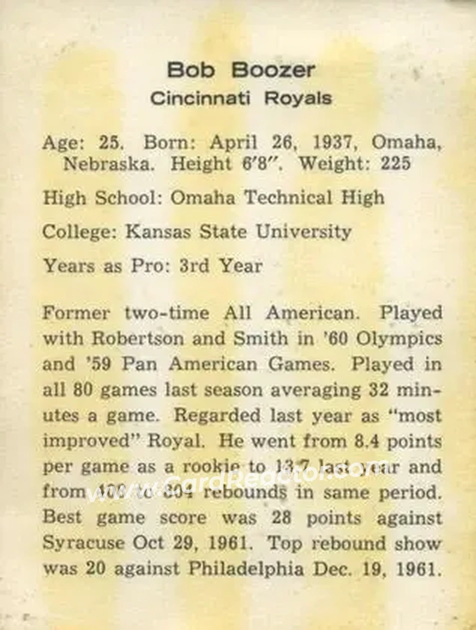 1962-63 Kahn's #NNO - Bob Boozer - Cincinnati Royals - Back 1962-63 Kahn's #NNO - Bob Boozer - Cincinnati Royals - Back