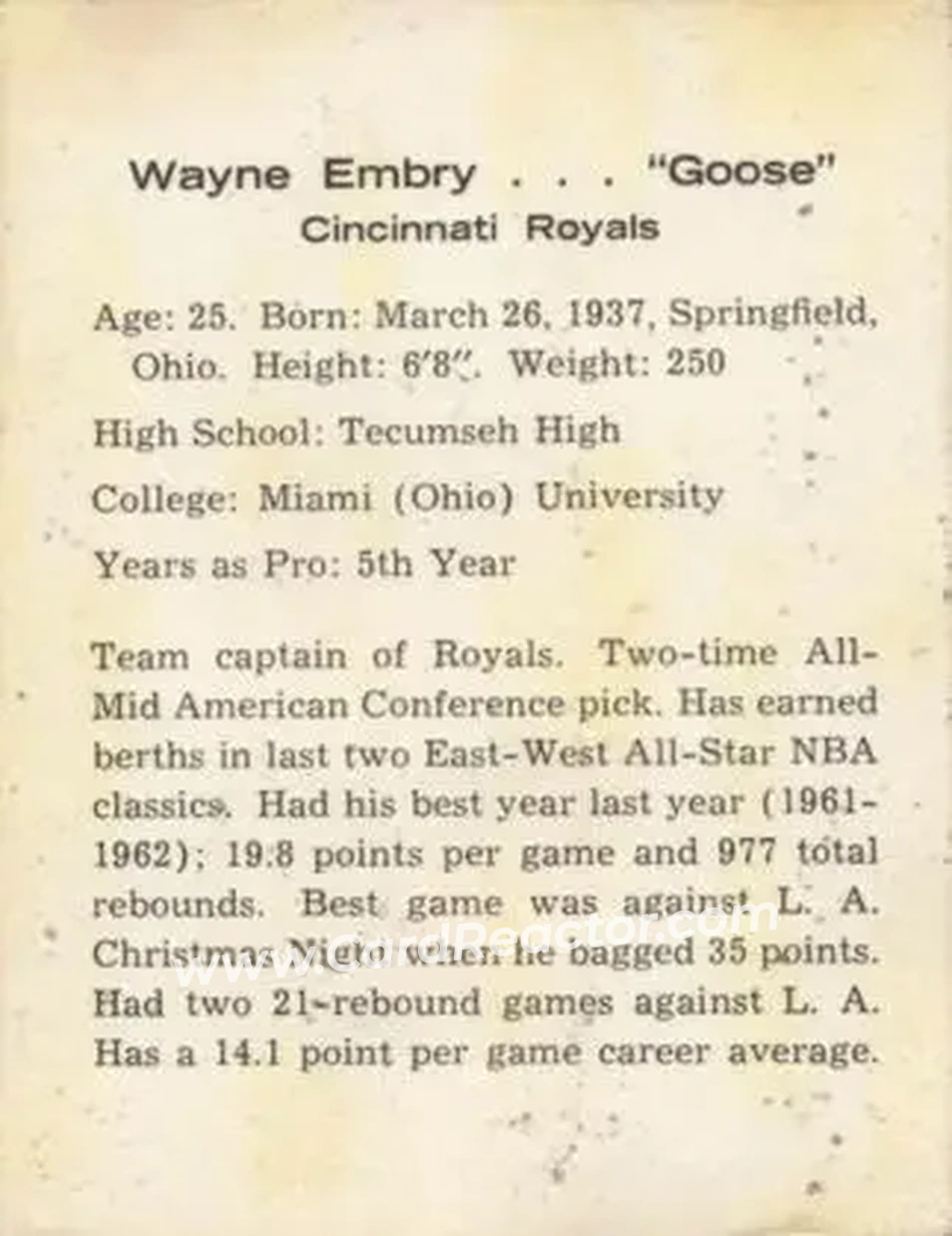 1962-63 Kahn's #NNO - Wayne Embry - Cincinnati Royals - Back