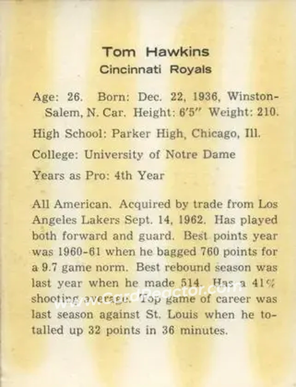 1962-63 Kahn's #NNO - Tom Hawkins - Cincinnati Royals - Back