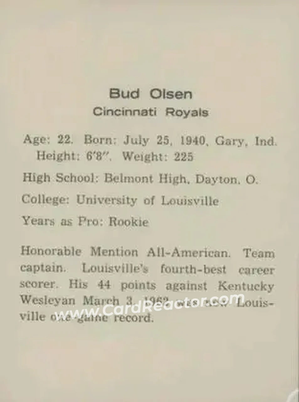 1962-63 Kahn's #NNO - Bud Olsen - Cincinnati Royals - Back