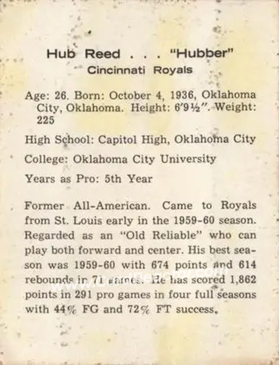 1962-63 Kahn's #NNO - Hub Reed - Cincinnati Royals - Back 1962-63 Kahn's #NNO - Hub Reed - Cincinnati Royals - Back