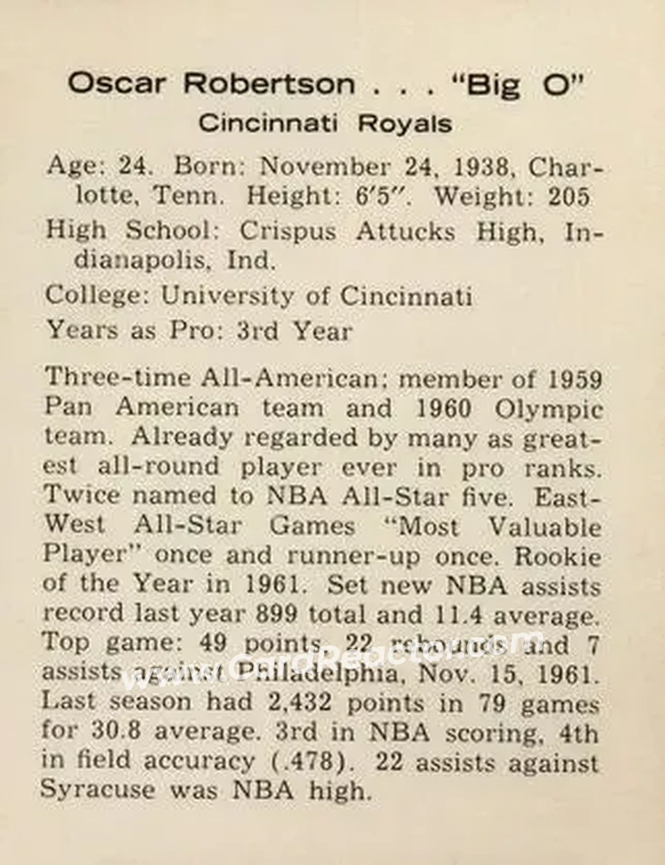 1962-63 Kahn's #NNO - Oscar Robertson - Cincinnati Royals - Back 1962-63 Kahn's #NNO - Oscar Robertson - Cincinnati Royals - Back