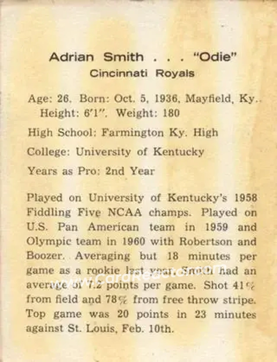 1962-63 Kahn's #NNO - Adrian Smith - Cincinnati Royals - Back