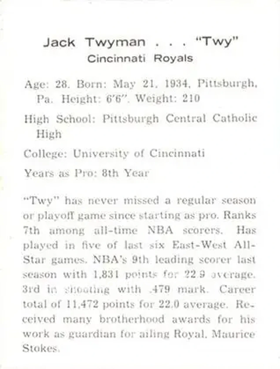 1962-63 Kahn's #NNO - Jack Twyman - Cincinnati Royals - Back