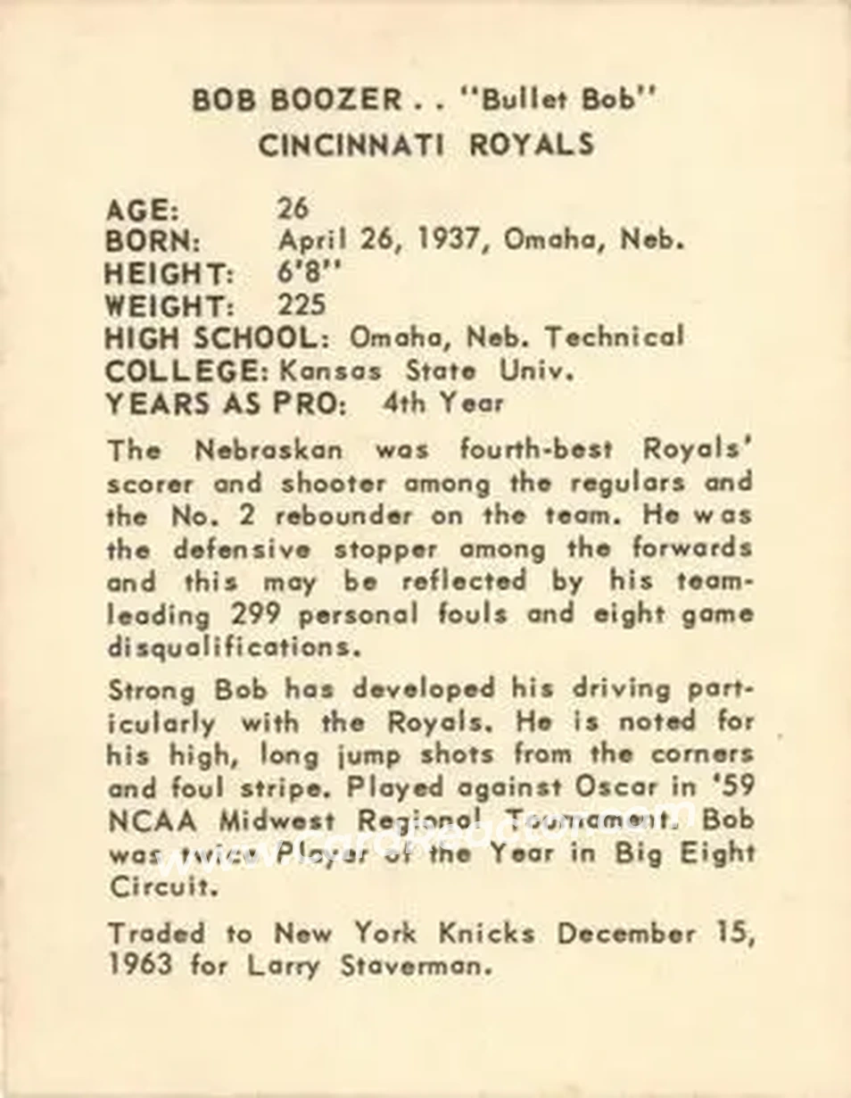 1963-64 Kahn's #NNO - Bob Boozer - Cincinnati Royals - Back